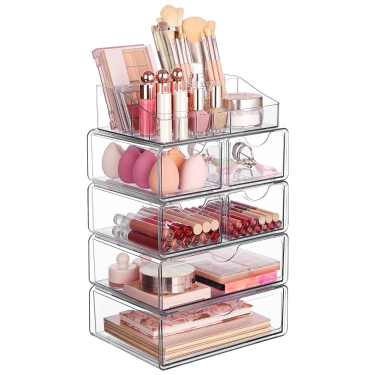 Clear acrylic stackable makeup organizer with top rack and three transparent drawer bins