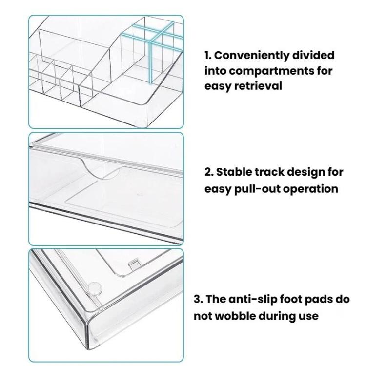 Clear acrylic sliding drawer makeup organizer with anti-slip feet and divided compartments