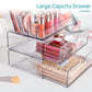 Clear acrylic makeup organizer with tall top rack and large pull-out drawer compartments