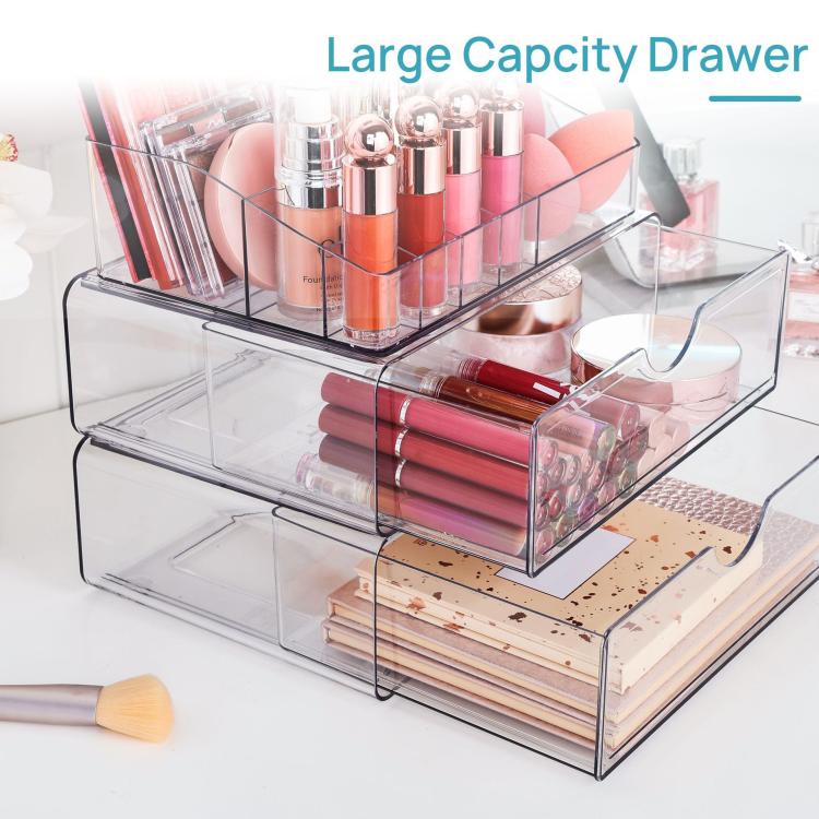 Clear acrylic makeup organizer with tall top rack and large pull-out drawer compartments