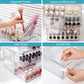 Clear acrylic makeup organizer with categorized compartments, large drawers, and pull-out trays