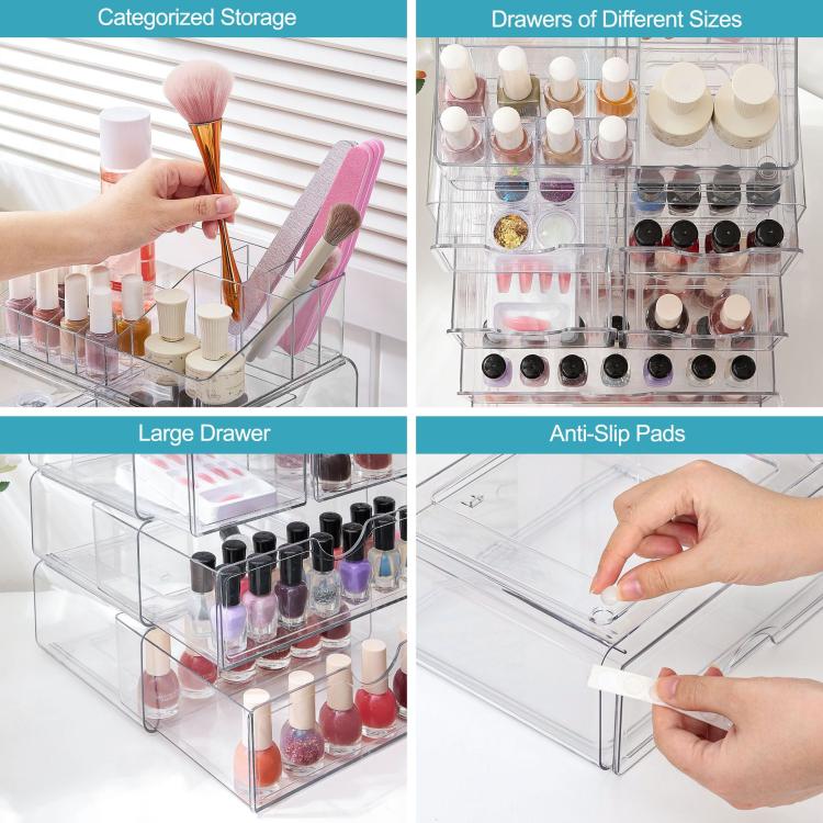 Clear acrylic makeup organizer with categorized compartments, large drawers, and pull-out trays