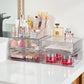 Clear acrylic desktop makeup organizer with stacked drawers and open top compartments
