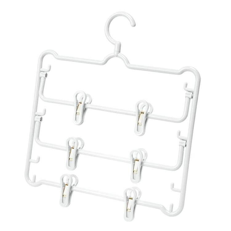 White plastic anti-slip 3-tier pants hanger with clips and side hooks