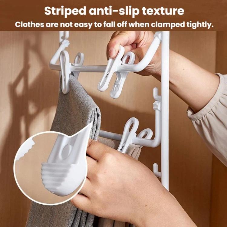 White plastic anti-slip pants hanger with clips gripping fabric tightly