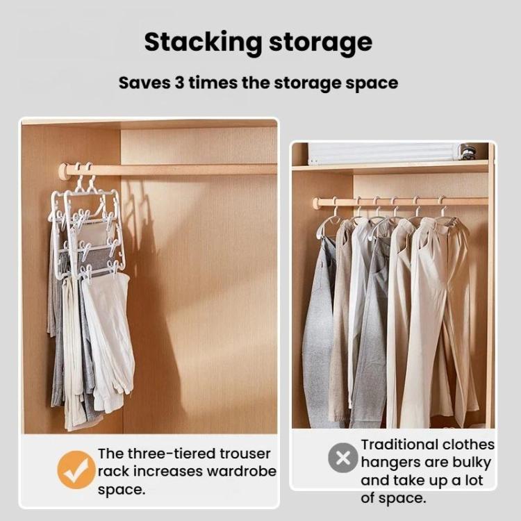 Stacking storage of white plastic 3-tier pants hangers