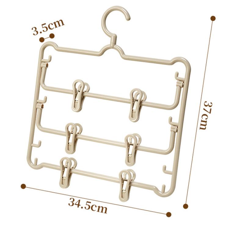 White plastic 3-layer pants hanger with clips and curved hook