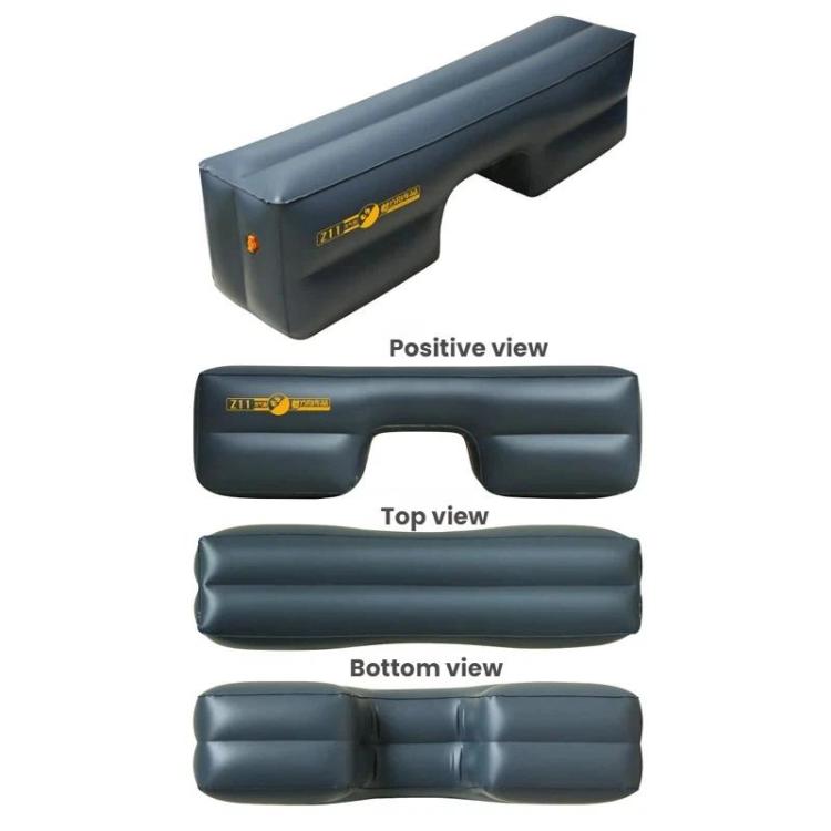 Inflatable rear seat gap filler air mat, dark blue, shown from positive, top, bottom views