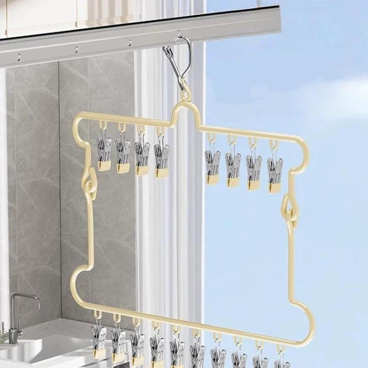 White foldable socks drying hanger with multiple spring clips and curved hanging frame