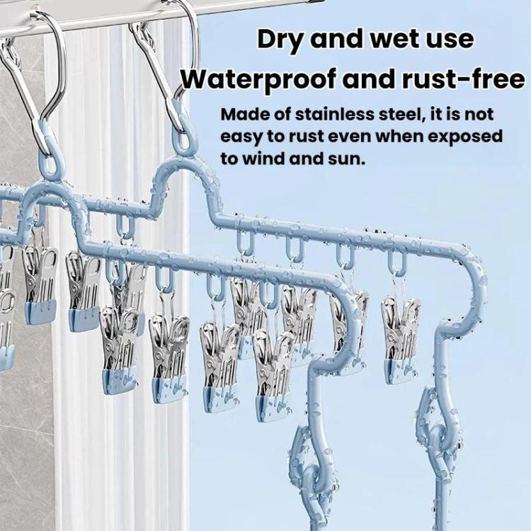 Blue multi-clip socks drying rack with stainless frame and hanging loops