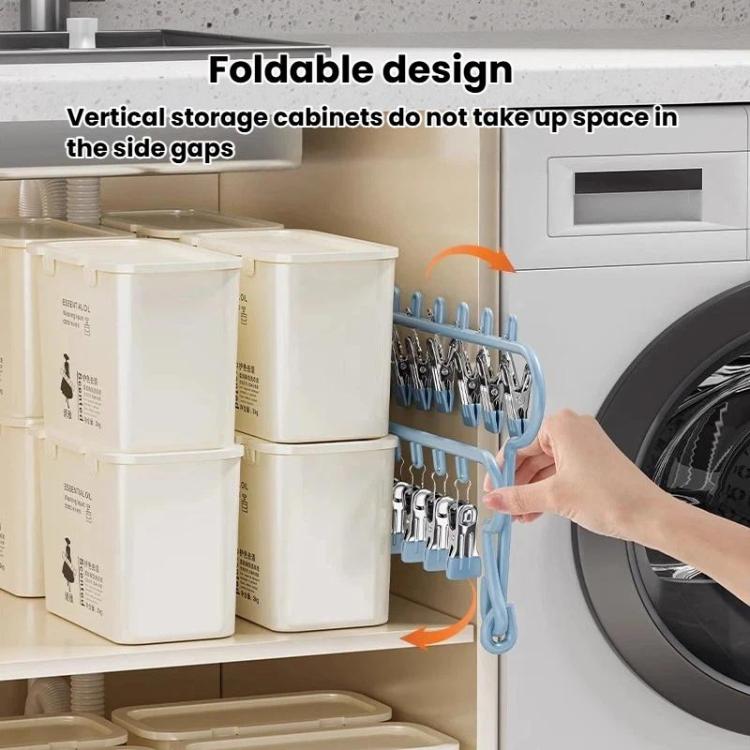 Blue foldable socks drying hanger clipped to a cabinet door for vertical storage