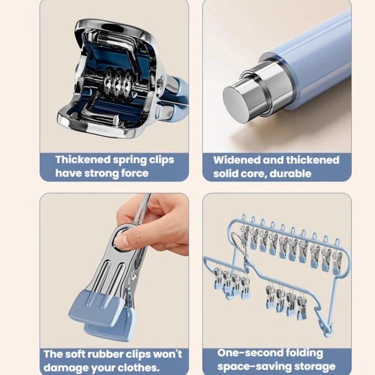 Blue foldable socks drying hanger with thickened spring clips and hinge details