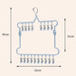 Blue foldable socks drying hanger with clip rows shown with size outline diagram