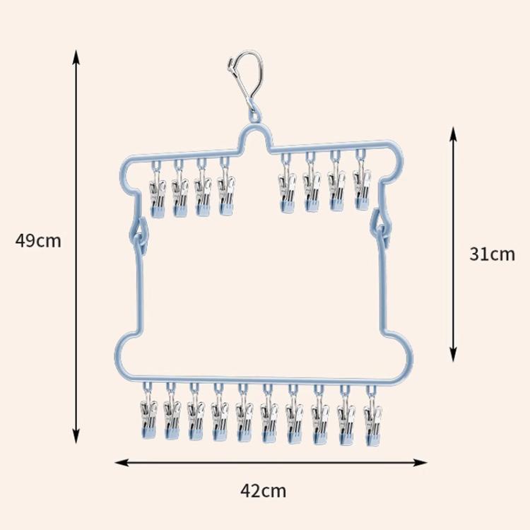 Blue foldable socks drying hanger with clip rows shown with size outline diagram