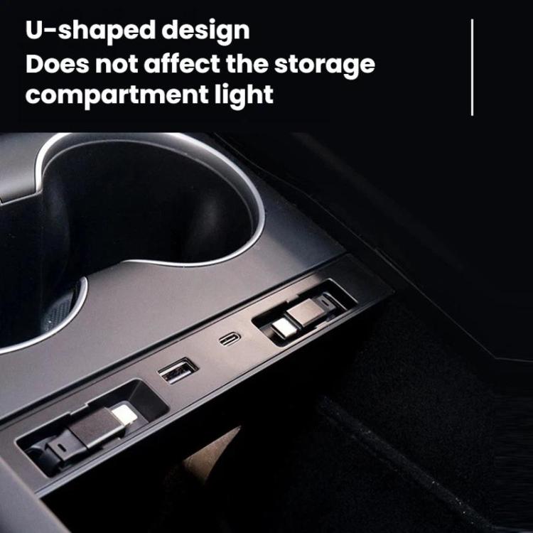 Black car charging dock with U-shaped design and visible USB ports