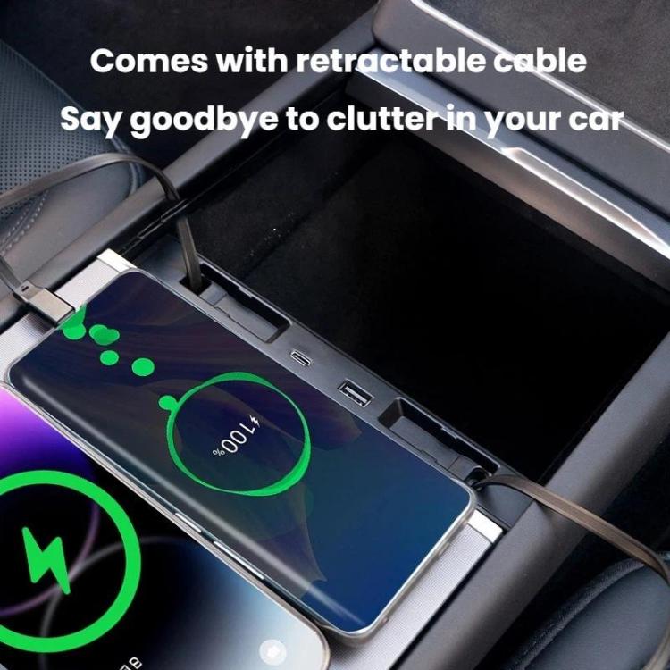 Car charging dock with retractable cable and charging ports accessible in console