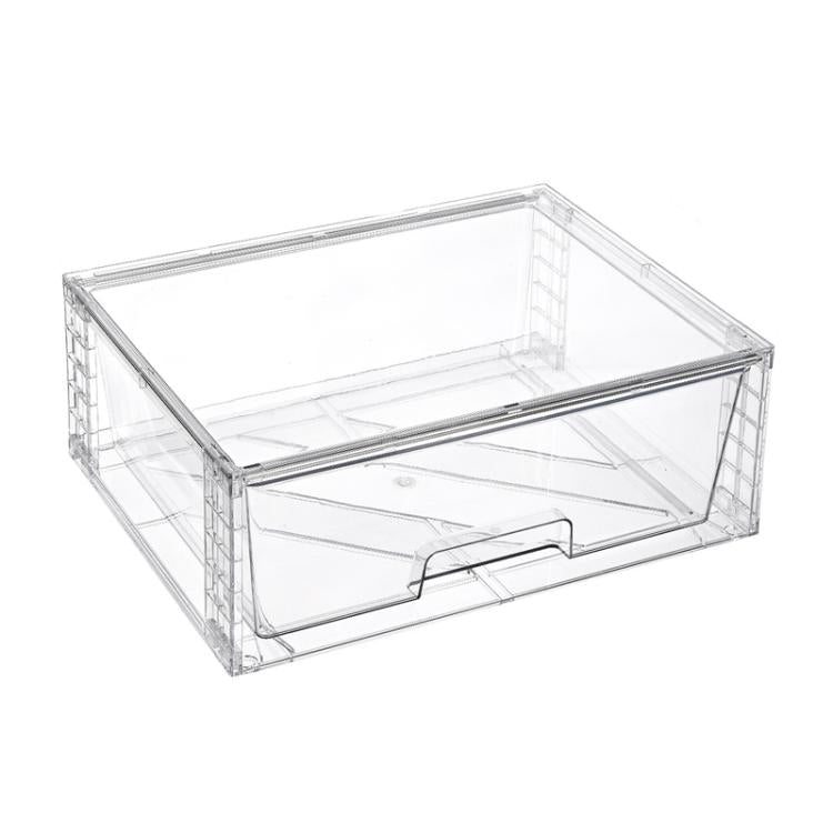 Clear PET desktop storage box with hinged drawer and divider tray, single organizer