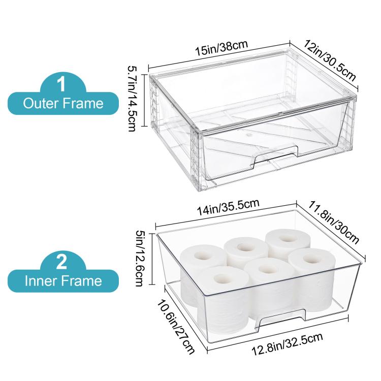 Clear PET storage box with outer frame and inner base holding small containers