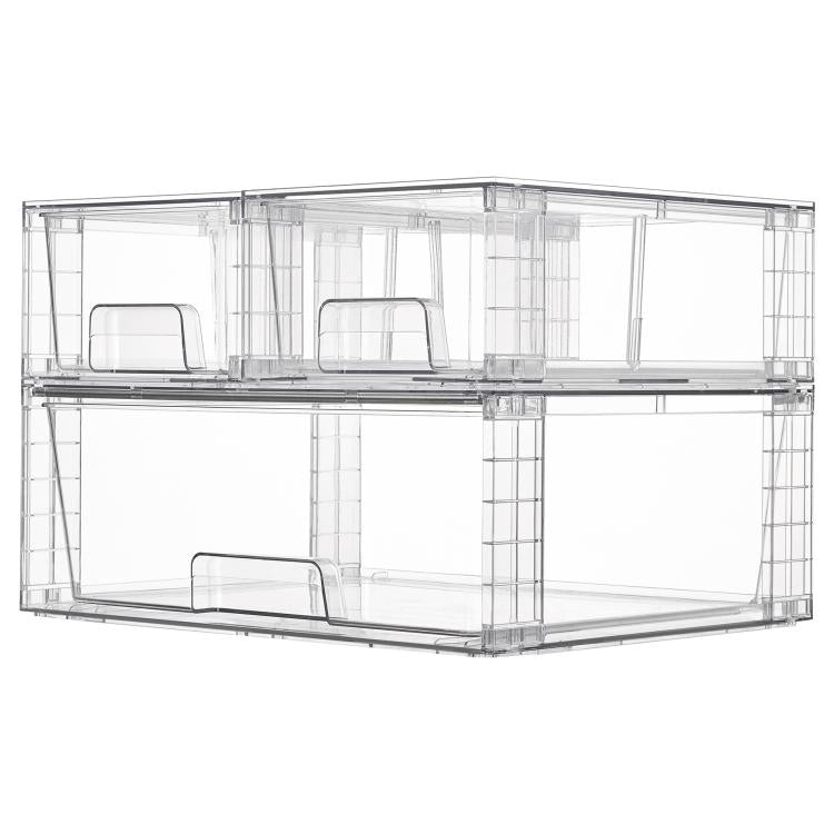 Clear PET organizer bin with front pull handle and two open compartments