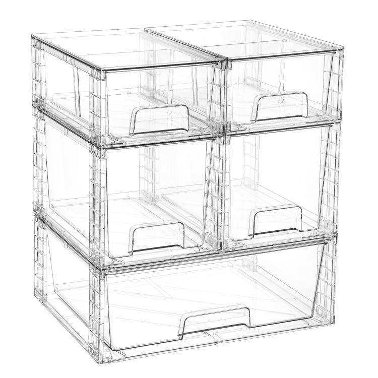Clear PET stackable organizer with three open levels and front cutout handles