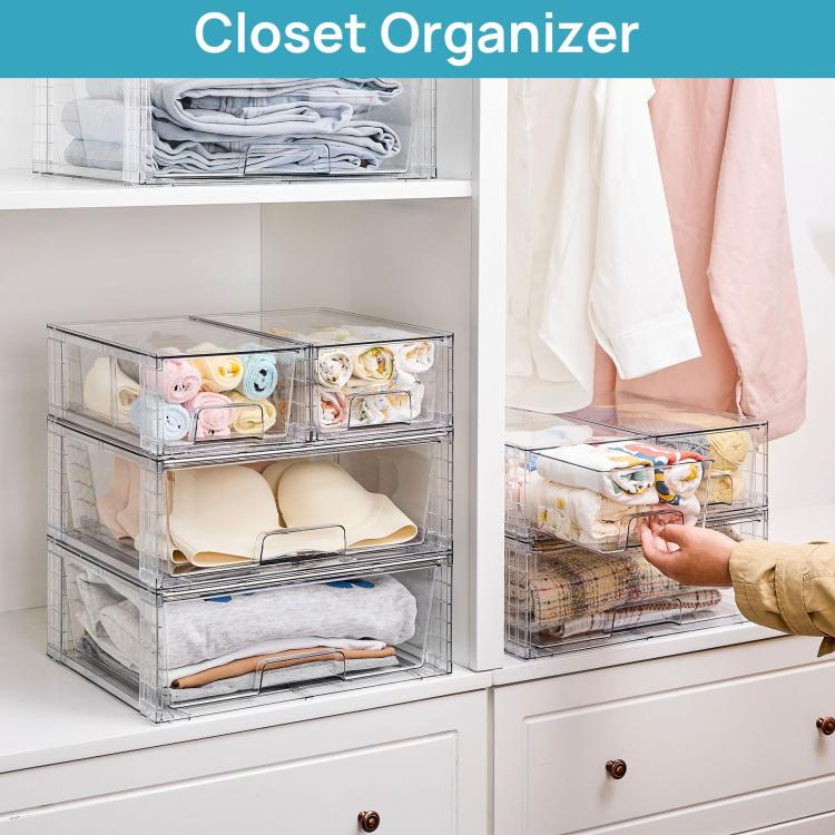 Clear PET desktop organizer with two pull-out bins holding folded items