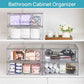 Clear PET bathroom organizer with two open drawers holding toiletries and bottles