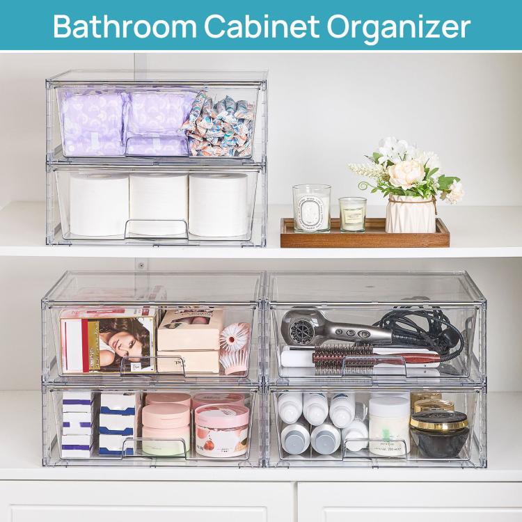 Clear PET bathroom organizer with two open drawers holding toiletries and bottles