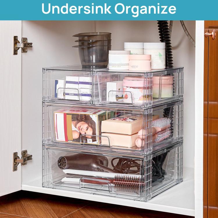 Clear PET undersink organizer with stacked pull-out bins for household items