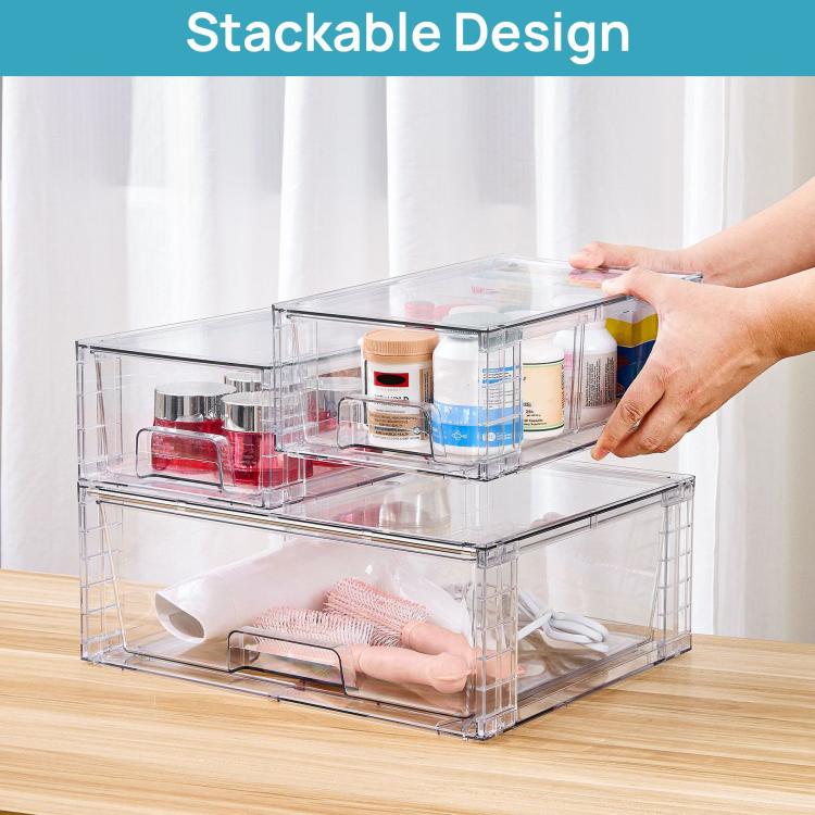 Clear PET stackable organizer with two units and front handle pulls