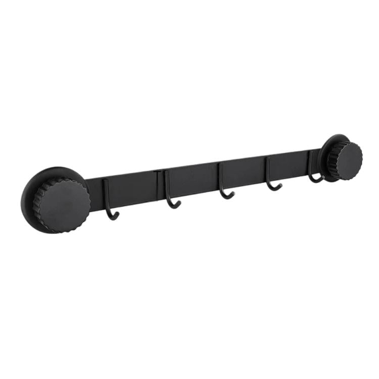 Black suction cup hook rack with 4 hooks and ridged end cap