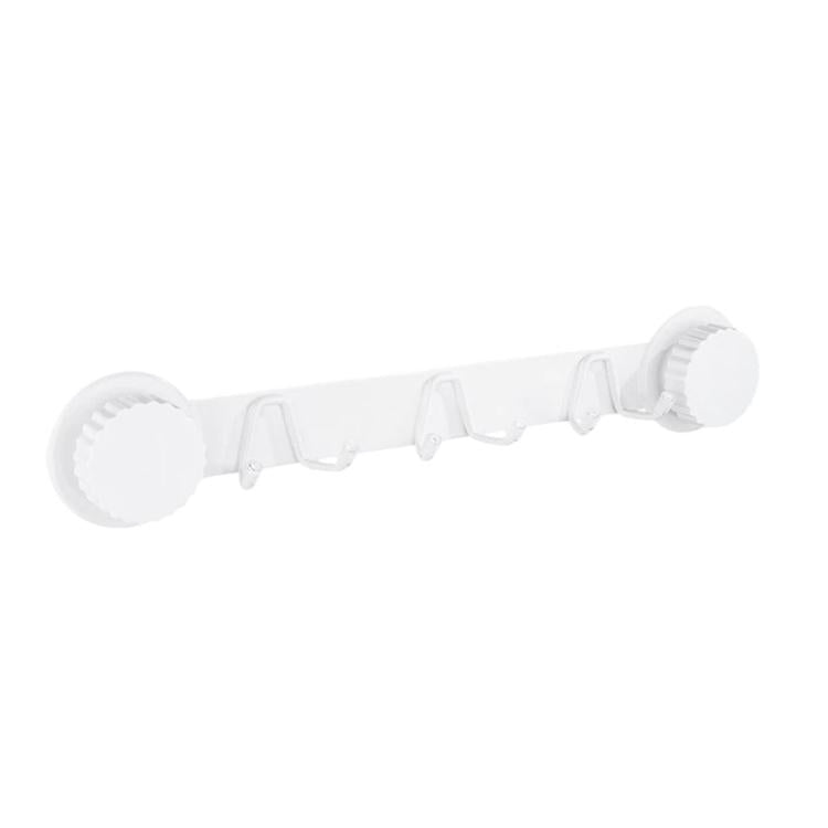 White suction cup multi-hook rack with round base and four metal hooks