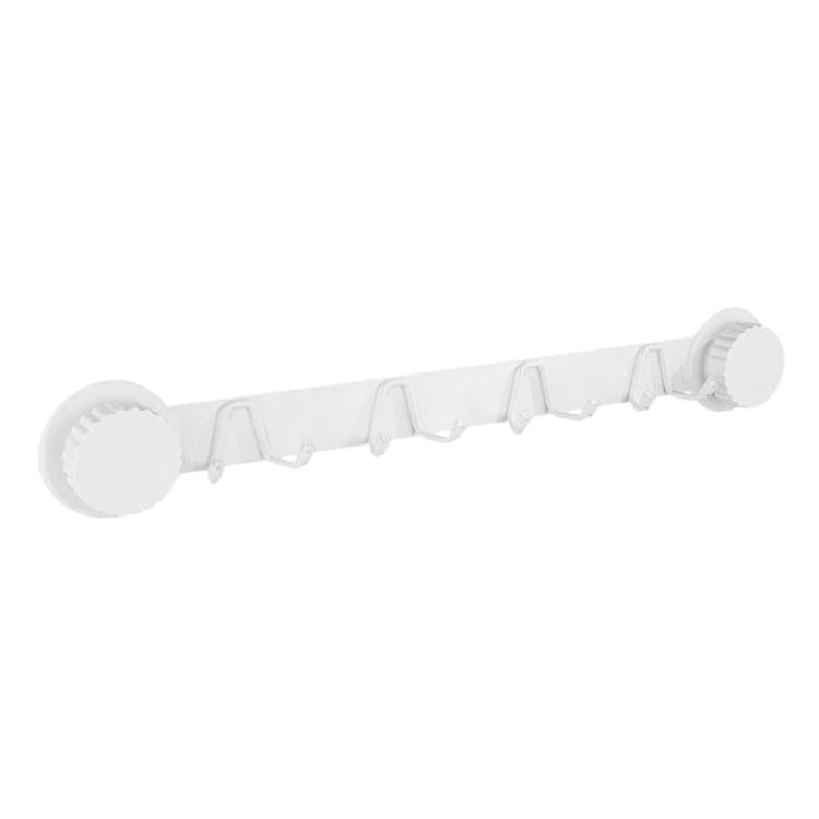 White suction cup multi-hook rack with round base and five metal hooks