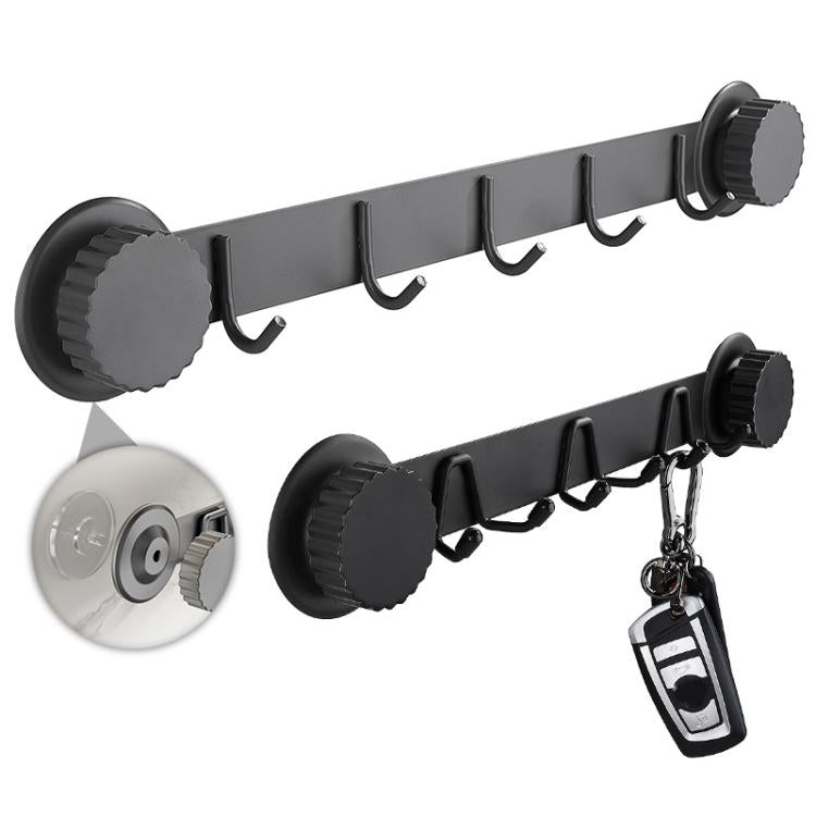 Black and gray suction cup multi-hook rack with two round bases and hanging hooks