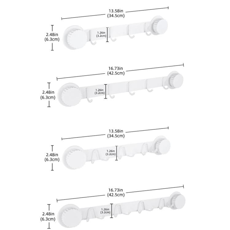 White suction cup multi-hook rack size chart with dimensions