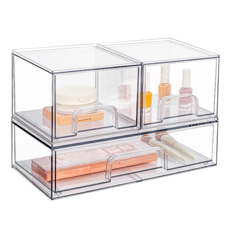Stackable transparent plastic cosmetic organizer with open top compartments and side dividers