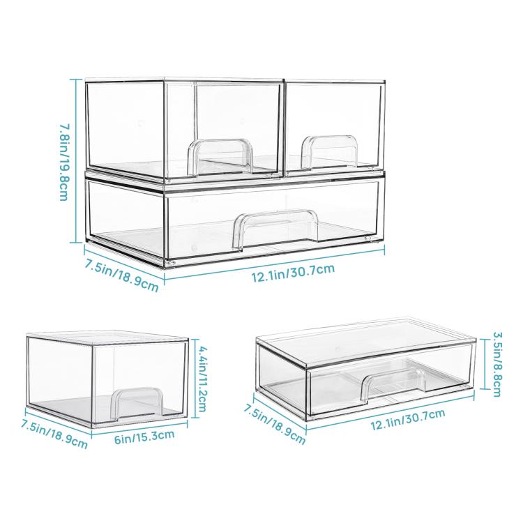 Stackable transparent cosmetic storage set with three sizes of open-top compartments shown with dimensions