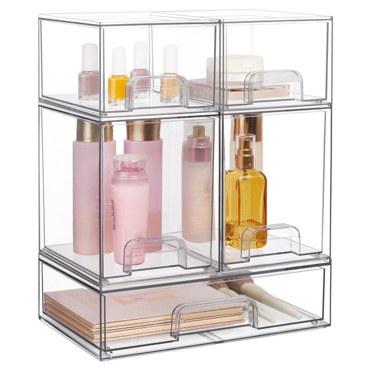Transparent stackable makeup organizer with open-front compartments and clear handle pulls