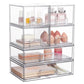 Transparent stackable cosmetic storage unit with open bins for lip products and skincare containers