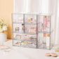 Transparent stackable cosmetic organizer displaying skincare and makeup in open compartments