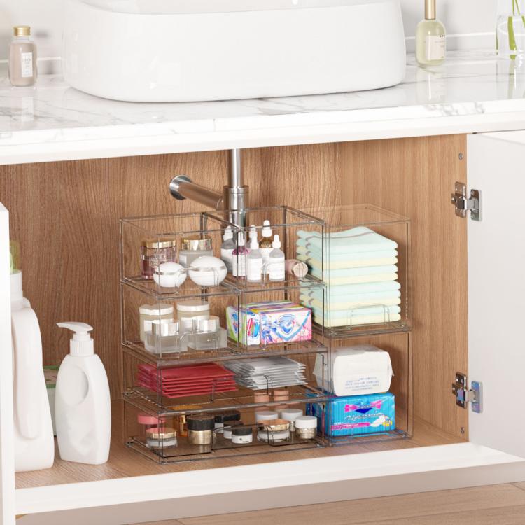 Stackable clear plastic cosmetic storage bins with compartments for desk organization