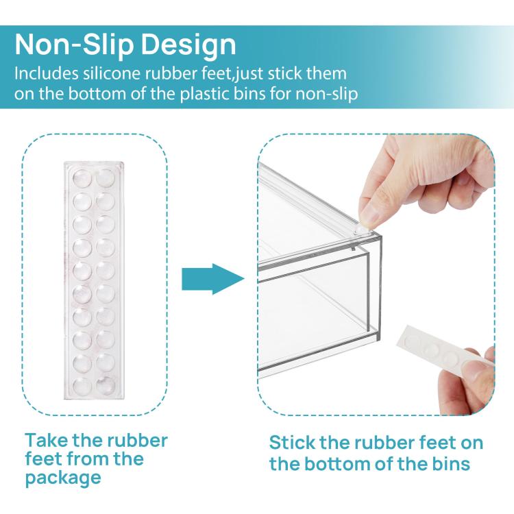Stackable clear bins with non-slip silicone rubber feet attached to the bottom