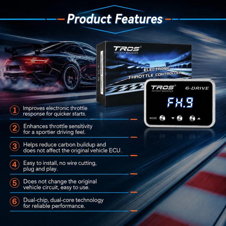 Electronic throttle controller kit with 6-DRIVE unit and black control box, blue FX.9 display