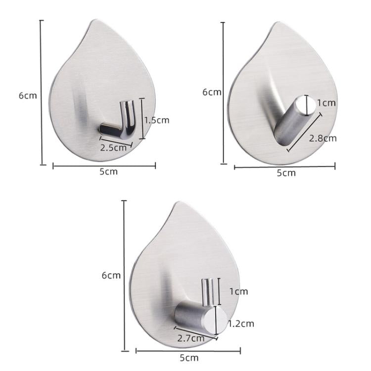 Stainless steel teardrop adhesive wall hook, silver, J-shaped prongs
