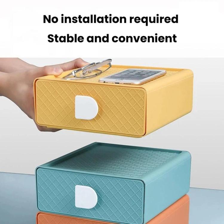 Yellow plastic drawer organizer with white handle cutout and matching teal drawer below