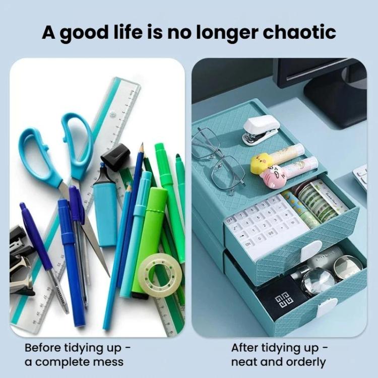 Blue plastic drawer organizer with white handle cutout holding office supplies neatly arranged