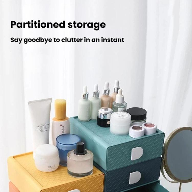Teal and yellow plastic drawer organizer set with white handle cutouts and cosmetic bottles