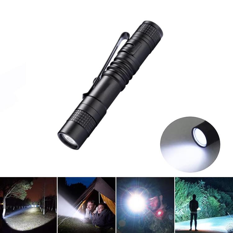 Black mini handheld LED flashlight with bright white beam, waterproof style body