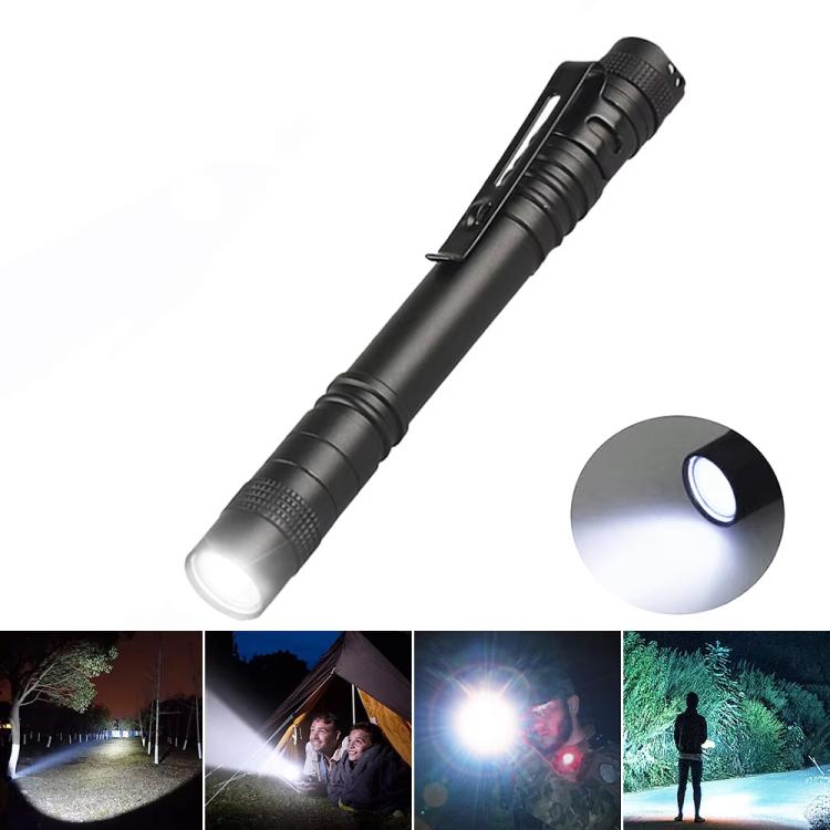 Black mini handheld flashlight with white LED glow and textured grip body