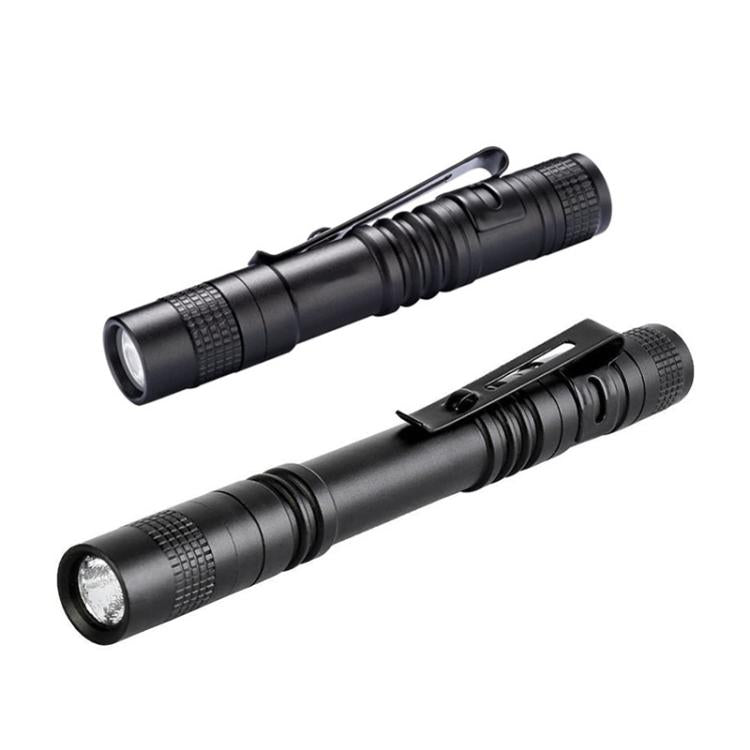 Pair of black mini handheld LED flashlights with pocket-clip style attachment