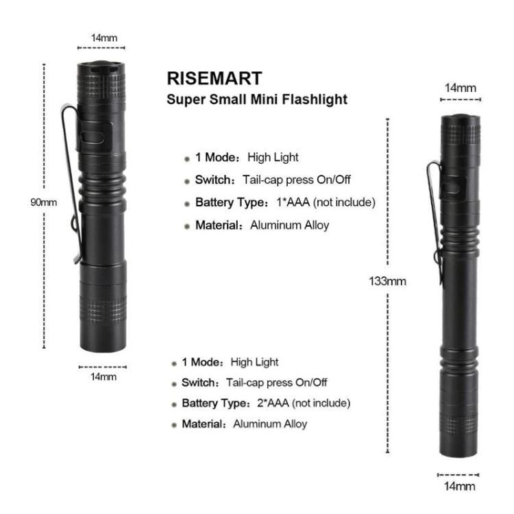 Black super small mini flashlight with compact dimensions diagram on white